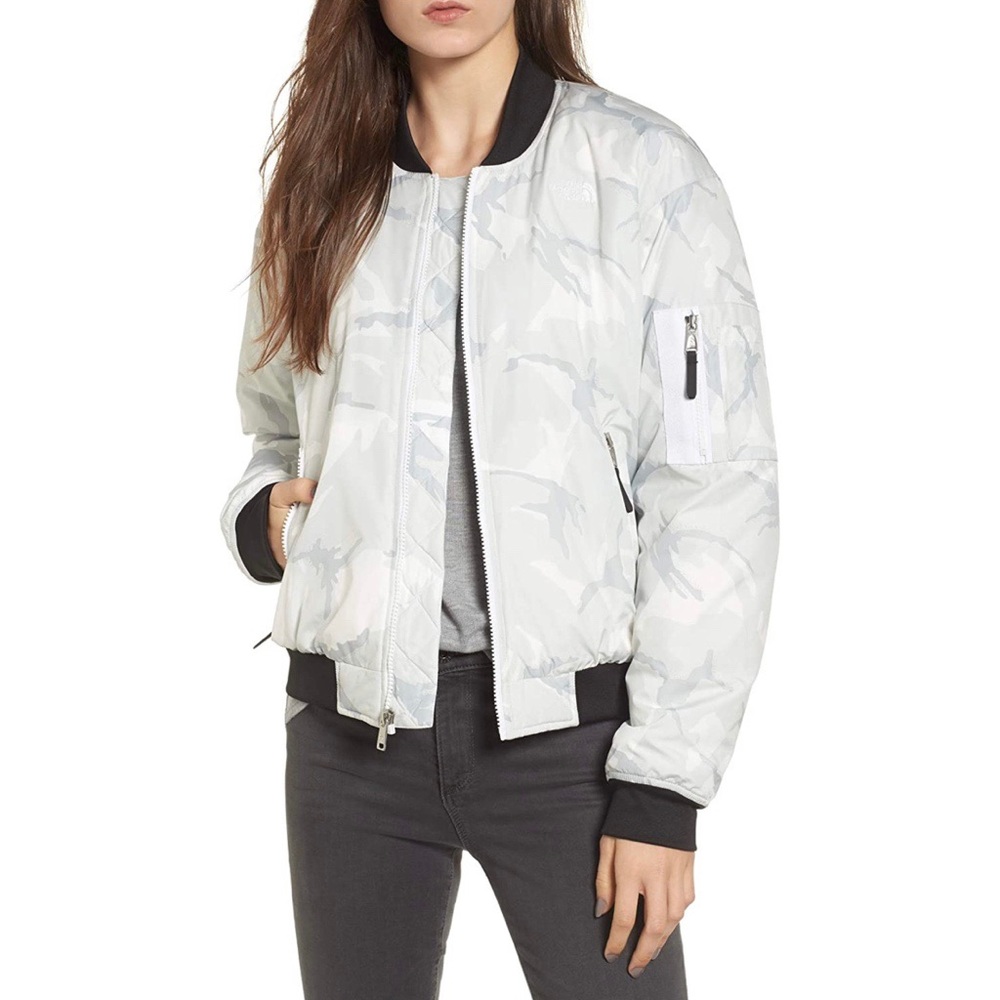 Women’s North Face White Disrupt Camo Bomber Puffer Jacket